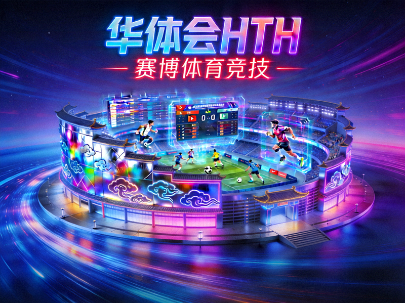 华体会HTH体育赛博国潮主视觉 - 霓虹光影中的未来科技体育竞技场馆