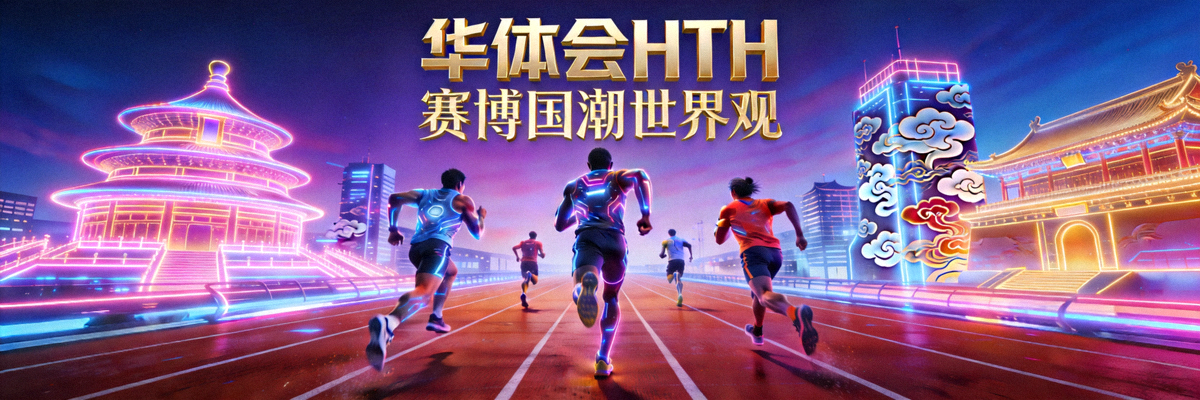 华体会HTH体育赛博国潮世界观横幅 - 未来都市跑道上的体育竞技场景