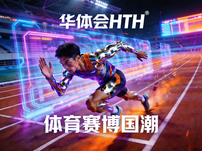 华体会HTH体育赛博国潮主视觉 - 未来科技感田径赛场上奋力冲刺的运动员